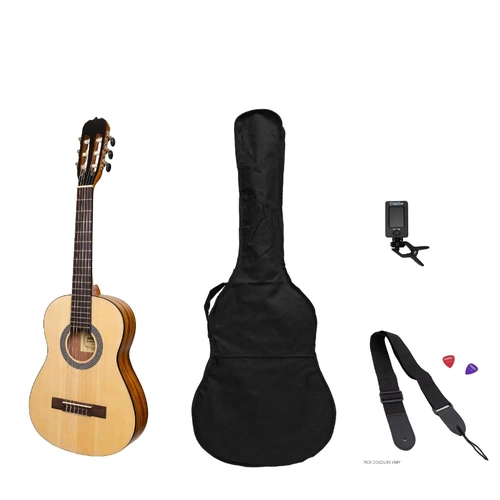 Sanchez 1/2 Size Student Classical Guitar Pack with Gig Bag, Tuner, Picks, and Strap - Natural Finish