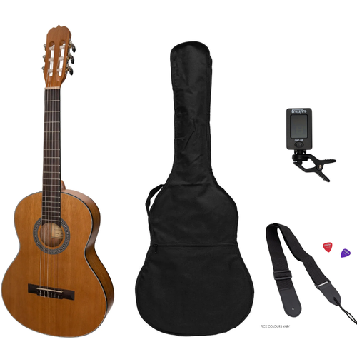Sanchez 3/4 Size Student Classical Guitar Pack - Acacia, Left Handed Option, Complete Beginner's Set with Accessories