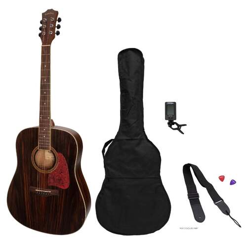 Sanchez SP-D2-RWD Acoustic Dreadnought Guitar Pack with Gig Bag and Tuner, Natural Satin Finish