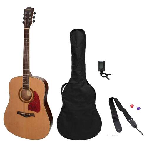 Sanchez Acoustic Dreadnought Guitar Pack with Gig Bag, Tuner, Picks & Strap - Natural Satin