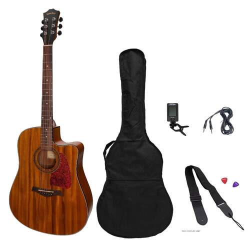 Sanchez SP-D4-KOA Acoustic-Electric Dreadnought Cutaway Guitar Pack with Gig Bag, Cable, Picks, and Strap