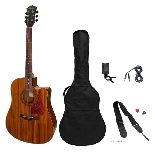 Sanchez SP-D4-KOA Acoustic-Electric Dreadnought Cutaway Guitar Pack with Gig Bag, Cable, Picks, and Strap