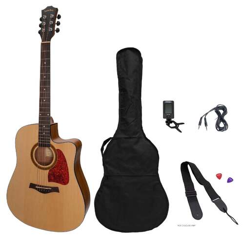 Sanchez Acoustic-Electric Dreadnought Cutaway Guitar Pack - Spruce/Acacia, Model SP-D4-SA, Includes Accessories, Natural Satin Finish