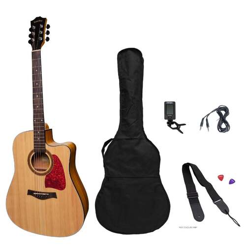 Sanchez Acoustic-Electric Dreadnought Cutaway Guitar Pack - Spruce Top, Koa Back, Right Handed, Complete Beginner's Set