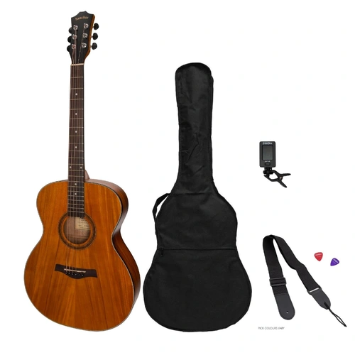 Sanchez SP-F2-KOA Acoustic Small Body Guitar Pack with Gig Bag, Tuner, Picks, and Strap
