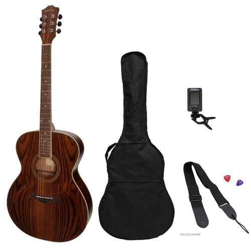 Sanchez Small Body Acoustic Guitar Pack with Rosewood Finish, Gig Bag, Tuner, Picks, and Strap, Model SP-F2-RWD