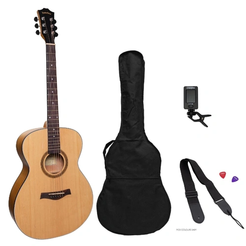 Sanchez Left Handed Acoustic Small Body Guitar Pack - Spruce/Acacia, Includes Bag, Tuner, Picks, Strap