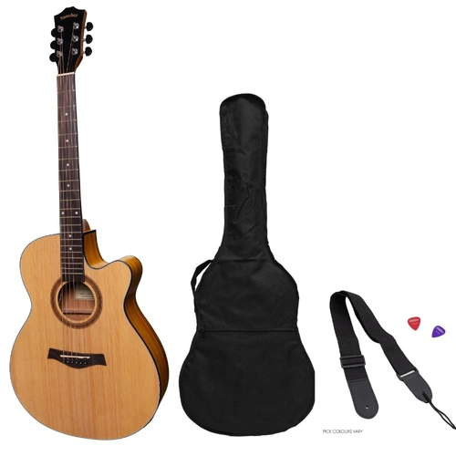 Sanchez Acoustic-Electric Small Body Cutaway Guitar Pack - Natural Satin, Spruce Top, Koa Back, Includes Gig Bag, Picks, Strap