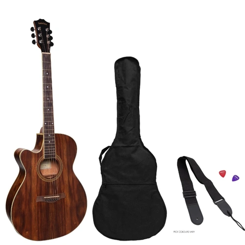 Sanchez Left Handed Acoustic-Electric Small Body Cutaway Guitar Pack with Gig Bag, Picks, and Strap - Model SP-F4L-RWD