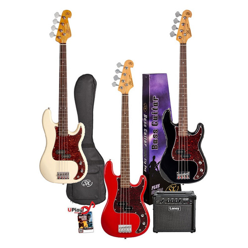 SX Vintage Style Bass Guitar Black with Gig Bag and Amplifier Package