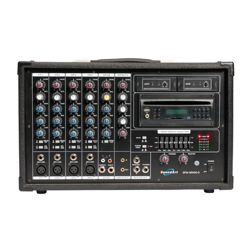 SoundArt 6 Channel 400 Watt Dual Wireless Powered Mixer PA System with DVD Player and Microphones