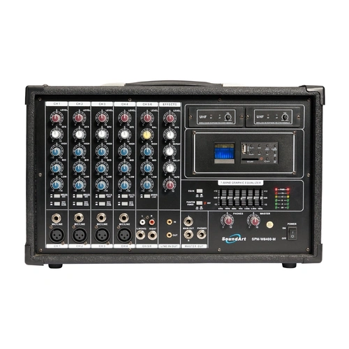 SoundArt 6 Channel 400W Dual Wireless Powered Mixer PA System with MP3 Player, Microphones, Effects, EQ, Remote Control, Transport Cover