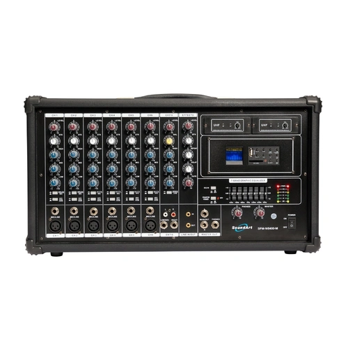 SoundArt 8 Channel 400 Watt Dual Wireless Powered Mixer PA System with MP3 Player and Microphones
