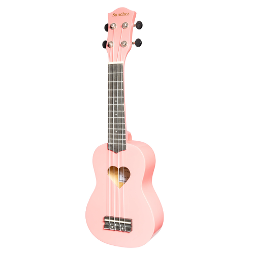 Sanchez Friendly Folk Soprano Ukulele - Pink with Heart Soundhole, Includes Nylon Gig Bag
