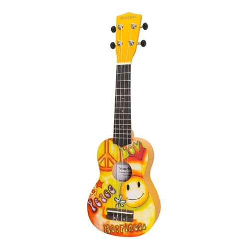 Sanchez Friendly Folk Soprano Ukulele - Yellow Hippy with Gig Bag