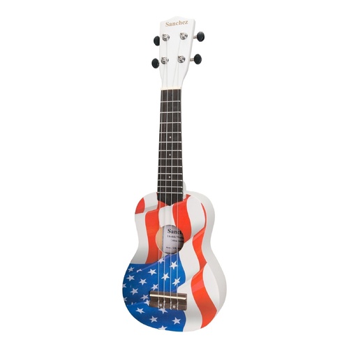 Sanchez Friendly Folk Soprano Ukulele - White with USA Flag, Includes Gig Bag