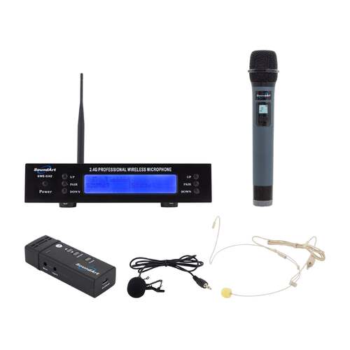 SoundArt Dual Channel 2.4 Ghz Wireless Microphone System with Handheld, Headset, and Lapel Mics