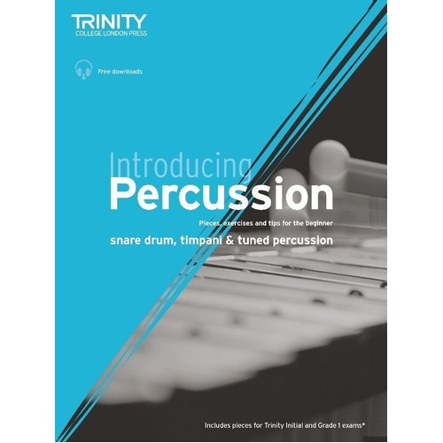 Introducing Percussion BK/OLA by Lorne Pearcey & Peter Evans, 40 pages, Trinity College London, beginner's guide to snare drum, timpani, and tuned per