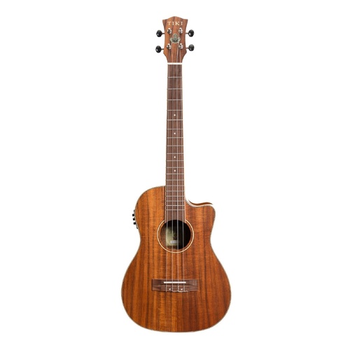 Tiki '9 Series' Koa Solid Top Electric Cutaway Baritone Ukulele with Hard Case Natural Satin