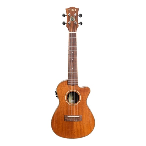 Tiki '9 Series' Koa Solid Top Electric Cutaway Concert Ukulele with Hard Case Natural Satin
