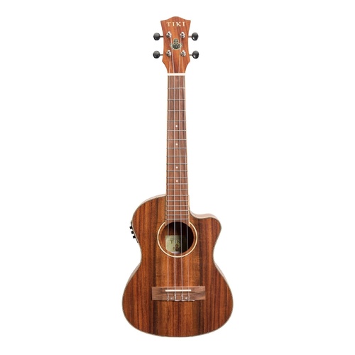 Tiki 9 Series Koa Solid Top Electric Cutaway Tenor Ukulele with Hard Case Natural Satin