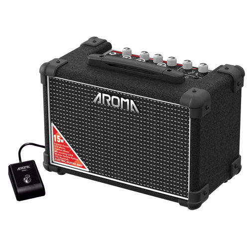 Aroma 15W Black Electric Guitar Amplifier with Footswitch, Drum Machine, Bluetooth, and Multiple Effects [TM-15S]