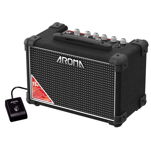 Aroma 15W Black Electric Guitar Amplifier with Footswitch and Drum Machine TM-15S