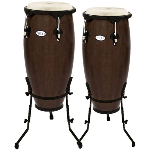 Toca 10 & 11" Synergy Series Wooden Conga Set - Tobacco Finish, Natural Rawhide Heads, 28" Two Ply Shell, Black Hardware, Stands Included