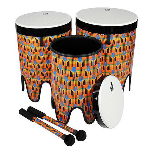 Toca Freestyle 2 Nesting Tom Toms in Kente Cloth - Set of 3, 12", 14", 16" with Removable Heads and Matching Mallets