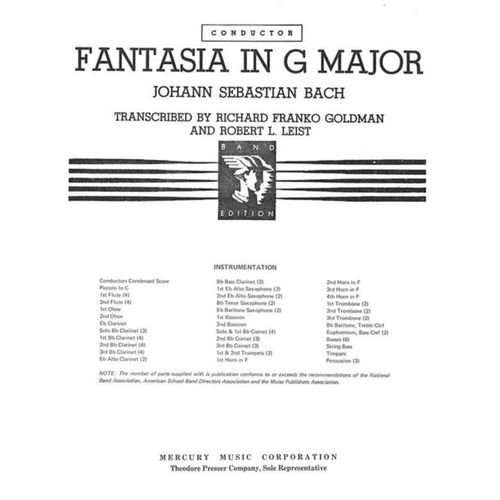 Bach: Fantasia in G Major, Arranged by Goldman/Leist, Wind Band Transcription, Theodore Presser Company