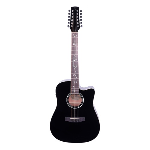 Timberidge '1 Series' 12-String Spruce Solid Top Acoustic-Electric Dreadnought Cutaway Guitar with 'Tree of Life' Inlay (Black Gloss)