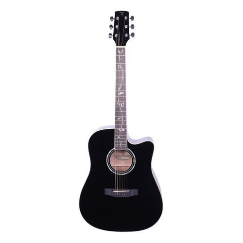 Timberidge '1 Series' Spruce Solid Top Acoustic-Electric Dreadnought Cutaway Guitar with 'Tree of Life' Inlay (Black Gloss)