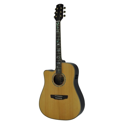 Timberidge '3 Series' Left Handed Spruce Solid Top Acoustic-Electric Dreadnought Cutaway Guitar with 'Tree of Life' Inlay (Natural Satin)