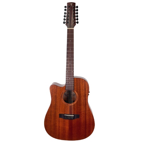 Timberidge Messenger Series Left Handed 12-String Mahogany Solid Top Acoustic-Electric Dreadnought Cutaway Guitar Natural Satin
