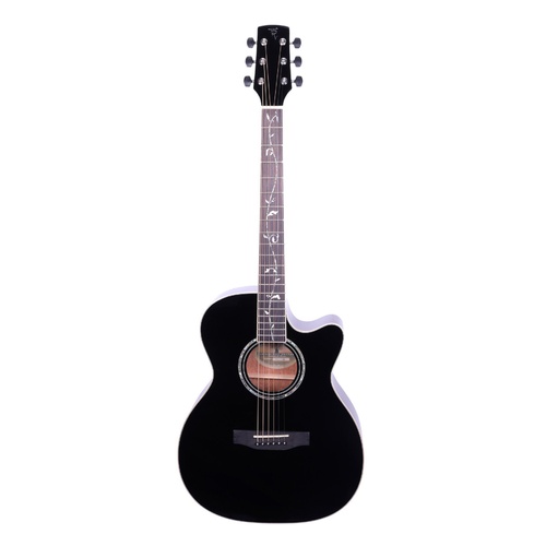 Timberidge '1 Series' Spruce Solid Top Acoustic-Electric Small Body Cutaway Guitar with 'Tree of Life' Inlay (Black Gloss)
