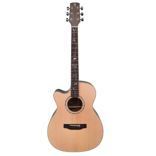 Timberidge TRFC-3TL-NST Left Handed Spruce Solid Top Acoustic-Electric Small Body Cutaway Guitar with Tree of Life Inlay Natural Satin