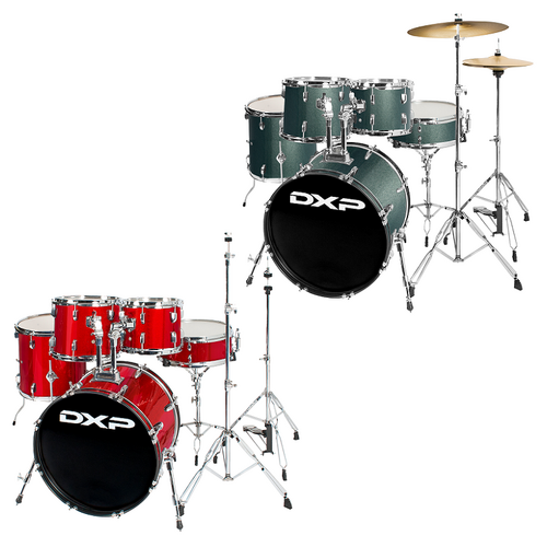 DXP Fusion 20 Series 5-Piece Drum Kit with 20" Bass Drum, Hardware, Hi-Hats, Crash Cymbal, and Drum Throne in Gun Metal Grey