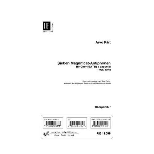Seven Magnificat Antiphons for SATB A Cappella by Arvo Part - Choral Score, Universal Edition, 1 Page