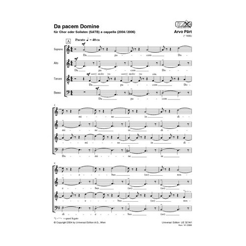 Da Pacem Domine SATB A Cappella (Min 10) by Arvo Part