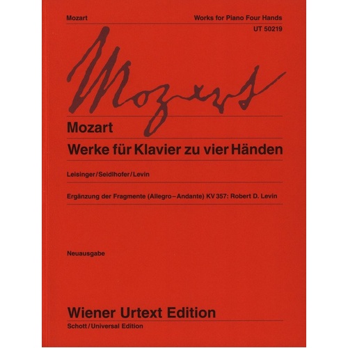 Mozart Piano Works for Piano Duet Urtext Edition, 286 Pages, Arranged by Bruno Seidlhofer, Wiener Urtext Edition
