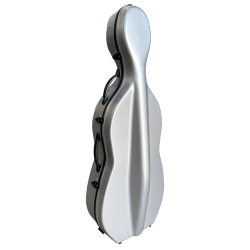 Vivo V703-44SL Polycarbonate Cello Case for 4/4 - Silver with Plush Interior, Bow Holders, Neck Restraint, and Wheels