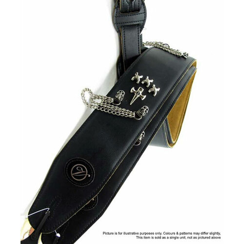 Vorson Black Leather Decorated Guitar Strap with Crosses, Chains & Skulls