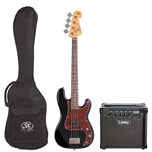 SX 3/4 Size PJ Bass Guitar with Laney LX15B 15W Amplifier, Gig Bag & UPlay Guitar Guide