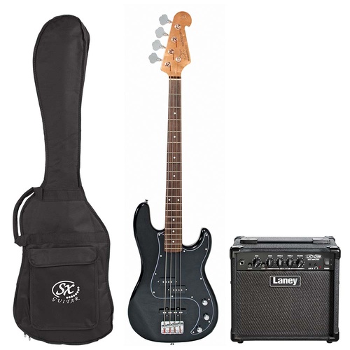 SX Vintage PJ Bass Guitar and Laney LX15B 15-Watt Amplifier Pack with Gig Bag and UPlay Guitar Guide