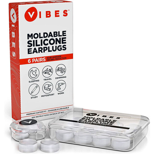 Vibes Moldable Silicone Earplugs with Carrying Case - 12 Reusable Noise Cancelling Earplugs (6 Pairs) for Adults and Kids