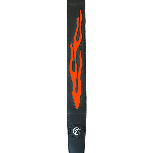 Vorson Black Leather Guitar Strap with Orange Flame Design