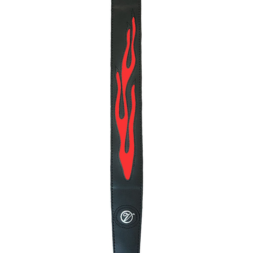 Vorson Black Leather Guitar Strap with Red Flame Design