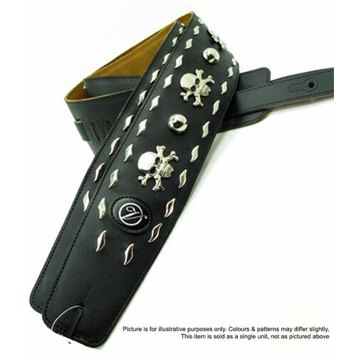 Vorson Black Leather Guitar Strap with Metal Skull and Bone Accents