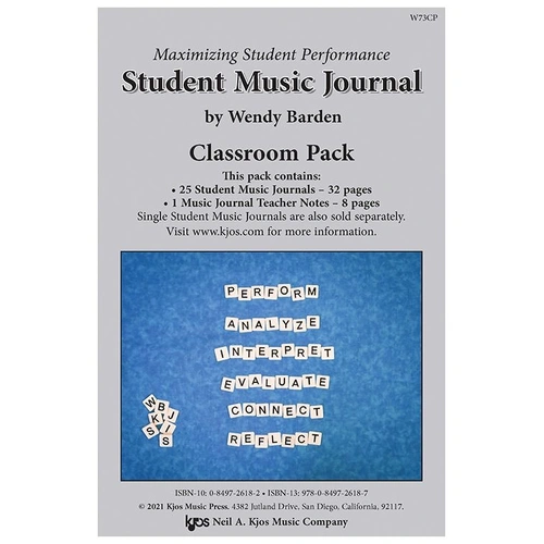 Student Music Journal Classroom Pack by Wendy Barden, 75 pages, Neil A. Kjos Music Company, Classroom Series: Maximizing Student Performance