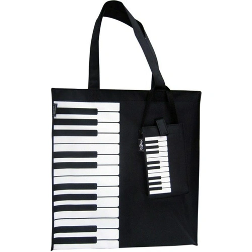 Canvas Tote Bag with Keyboard/Piano Design - Black and White, Zip Fastening, Mobile Phone Pocket, 36 x 32 x 7cm